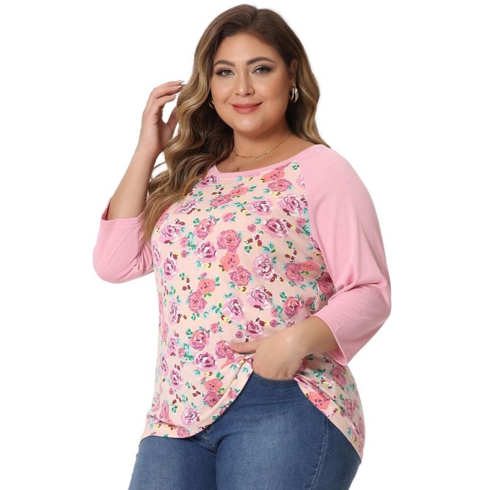 Plus Size Raglan Crewneck 3/4 Sleeve Tunic Floral Tee Tops Light Pink